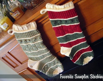 May include: Two knitted Christmas stockings hanging on a wooden mantel. The stocking on the left is green and white with a cable knit pattern. The stocking on the right is red, white, and green with a striped pattern. The text "Favorite Sampler Stocking" is visible at the bottom of the image.