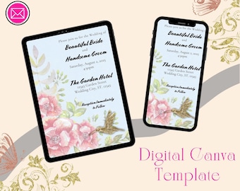 Puede incluir: Una plantilla de invitación de boda digital mostrada en una tableta y un teléfono inteligente. El diseño presenta flores rosas en acuarela, hojas verdes y un colibrí dorado. El texto incluye: Please join us for the Wedding of Beautiful Bride and Handsome Groom, Saturday, August 2, 2025, 4:30pm, The Garden Hotel, 12345 Garden Street, Wedding City, ST, 12345, Reception Immediately to Follow.