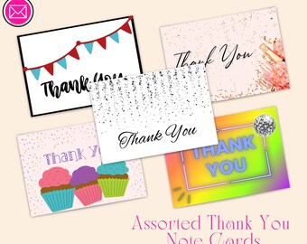Puede incluir: Una colección de cinco tarjetas de agradecimiento rectangulares con diversos diseños, incluyendo banderines rojos y azules, detalles florales rosas con champán, confeti de estrellas negras, cupcakes coloridos y un tema de bola de discoteca.