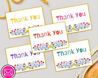 Puede incluir: Cinco tarjetas rectangulares blancas con bordes amarillos, cada una con el texto Thank You en un color diferente y una colorida ilustración floral en la parte inferior. Las tarjetas muestran el texto en tinta amarilla, rosa, roja, morada y verde azulado.