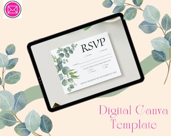 Puede incluir: Una plantilla de tarjeta RSVP digital mostrada en la pantalla de una tableta, con fondo blanco y hojas de eucalipto en acuarela a la izquierda. El texto incluye RSVP, Accept, Decline, Name y opciones de comida con fecha del 25 de diciembre de 2021.