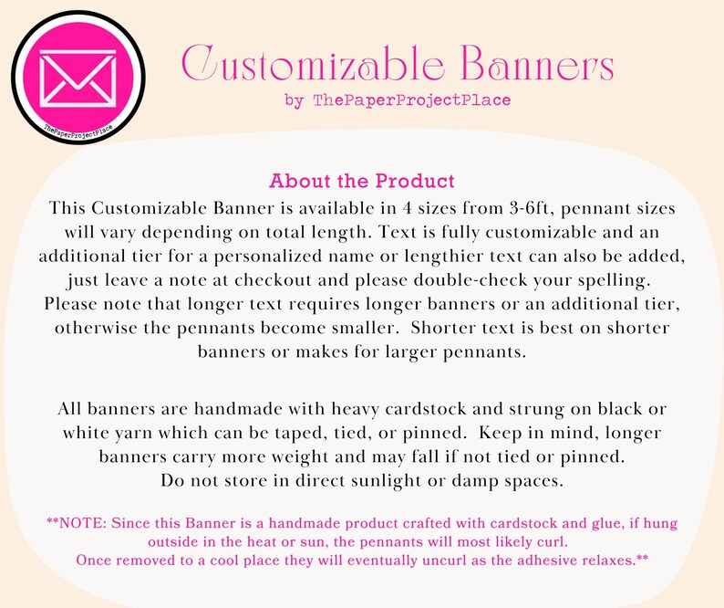 以下が含まれることがあります： 「Customizable Banners」のテキストと販売者の名前が記載されたピンクと白のグラフィック。テキストは、4つのサイズで利用可能な、カードストックと糸で作られたカスタムバナーとして製品を説明しています。
