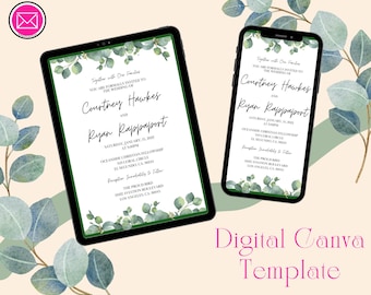 Puede incluir: Una plantilla de invitación de boda digital mostrada en una tableta y un teléfono inteligente, con fondo blanco, hojas de eucalipto en acuarela verde en la parte superior e inferior, y texto negro anunciando la boda de Courtney Hawkes y Ryan Rappaport.
