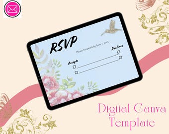 Puede incluir: Una plantilla digital de RSVP mostrada en una pantalla de tableta con fondo azul claro, ilustraciones florales rosas, un gráfico de colibrí dorado y texto negro que dice RSVP, Please Respond by June 1, 2025, Accepts y Declines.