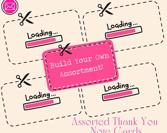 Puede incluir: Un gráfico digital con cuatro contornos rectangulares con bordes discontinuos e iconos de tijeras, cada uno con el texto Loading... y una barra de progreso rosa. Un rectángulo rosa central muestra el texto Build Your Own Assortment!