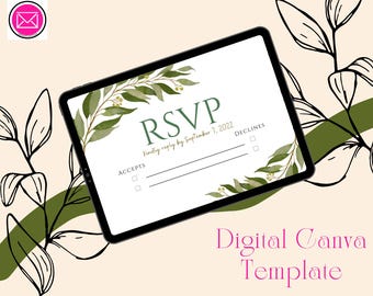 Puede incluir: Una plantilla digital de RSVP en la pantalla de una tableta. El diseño presenta acentos de follaje verde y la palabra "RSVP" en verde. También se incluye el texto "Kindly reply by September 7, 2022". Las palabras "Accepts" y "Declines" están presentes.