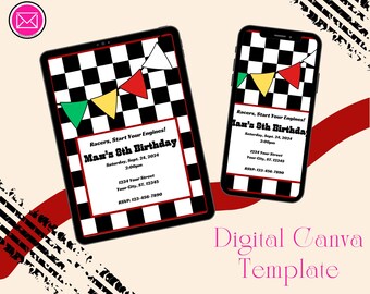 Puede incluir: Una plantilla de invitación de cumpleaños digital en una tableta y un teléfono inteligente, con un patrón de cuadros blancos y negros, banderines coloridos y el texto: Racers, Start Your Engines! Max's 8th Birthday, Saturday, Sept. 24, 2024.