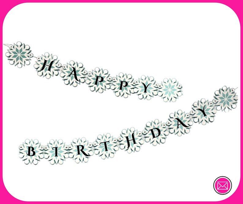 以下が含まれることがあります： 「HAPPY BIRTHDAY」の文字が黒い文字で書かれたお祝いのバナー。文字は、青と白の色合いの雪の結晶の形をした装飾でつながれており、誕生日のパーティーに最適です。