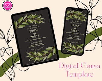 Puede incluir: Plantilla digital de invitación de boda Canva que se muestra en una tableta y un teléfono inteligente. La invitación presenta los nombres ERIKA & BRETT, detalles del evento y acentos botánicos. El fondo es negro con follaje verde.