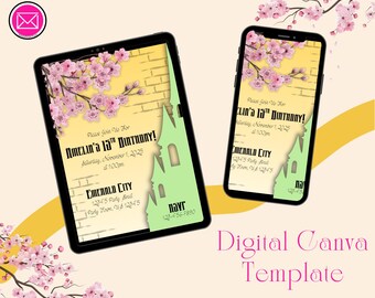 Puede incluir: Una plantilla de invitación digital en una tableta y un teléfono inteligente, con un fondo de pared de ladrillos amarillos, flores de cerezo rosas y una silueta de castillo verde. El texto dice: Please Join Us For Amelin's 15th Birthday! Saturday, November 1, 2025 at 1:00pm, Emerald City, 12345 Party Blvd, Party Town, US 12345.