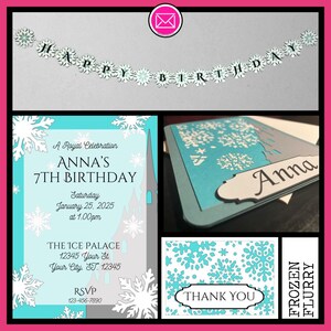以下が含まれることがあります： 冬をテーマにしたパーティー用品のコラージュ。 「HAPPY BIRTHDAY」と書かれたバナー、誕生日招待状、サンキューカード、そして「Anna」という名前のカードが含まれています。 配色は、水色、白、グレーです。