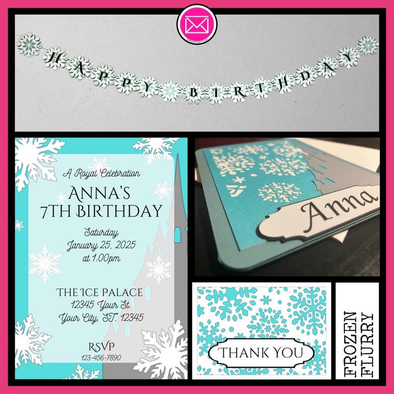 以下が含まれることがあります： 冬をテーマにしたパーティー用品のコラージュ。 「HAPPY BIRTHDAY」と書かれたバナー、誕生日招待状、サンキューカード、そして「Anna」という名前のカードが含まれています。 配色は、水色、白、グレーです。