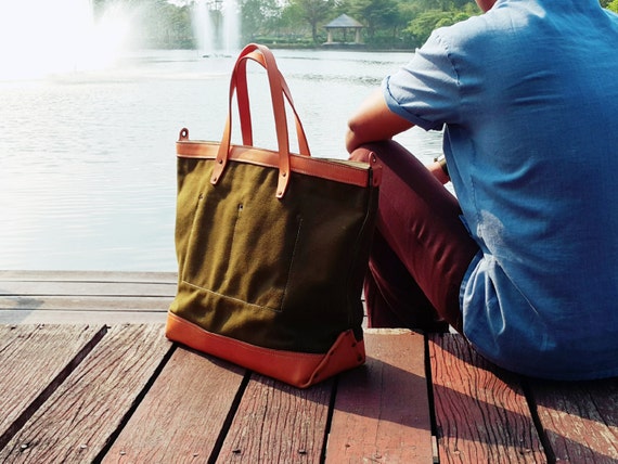 Washed Canvas Leather Mens 15'' Army Green Tote Bag Handbag Tote Bag L