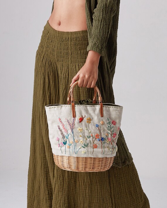 Rattan Basket Embroidered Linen Handbag Personalized Basket Etsy