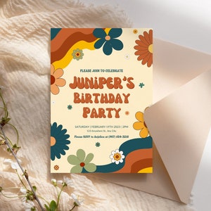 Retro Groovy birthday invitation party invite template printable template disco 70s 60s good vibes hippie boho flower power instant download