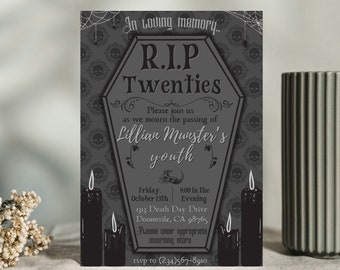 Funny Birthday invitation Funeral for my youth Death to my 20s 30th printable party invite evite instant download Halloween coffin spooky