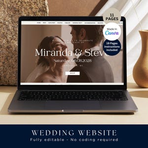 May include: A laptop screen shows a wedding website template with the names "Miranda & Stev" and the date "06.08.2028". The screen also shows "Made in Canva" and "19 Pages instructions included". The words "WEDDING WEBSITE" are at the bottom.