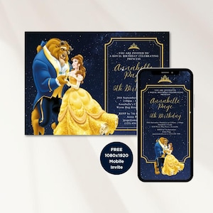 La bella e la bestia, invito di compleanno della principessa Belle stampabile digitale, invito digitale gratuito per cellulare, invito per biglietto di compleanno con paesaggio
