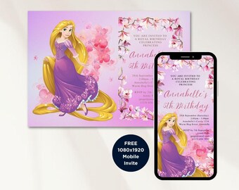 Rapunzel Birthday Invitation: Tangled Princess, Editable Canva Template (Digital Printable)