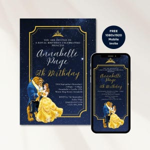 Invito di compleanno Disney La bella e la bestia modificabile, modello di invito per compleanno della principessa Belle, modello di invito per compleanno della ragazza ...
