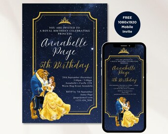 Beauty and The Beast Birthday Invitation, Princess Belle, Editable Canva Template (Digital Printable)