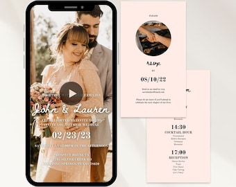Puede incluir: Una invitación de boda digital en la pantalla de un teléfono inteligente con una foto de la pareja y el texto "John & Lauren están encantados de invitarte a su boda el 02/23/23". La invitación incluye la fecha, la hora y el lugar de la boda. La invitación también incluye una tarjeta RSVP con el texto "RSVP antes del 08/10/22".