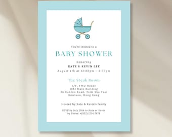 Modern Baby Shower Invitation: Minimal Pram Design (Canva Digital Template)