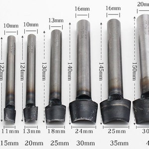 May include: Set of eight metal leather hole punches in various sizes, ranging from 10mm to 40mm. Each punch has a different length, ranging from 107mm to 150mm. The punches are arranged in order of size, with the smallest punch on the left and the largest punch on the right.