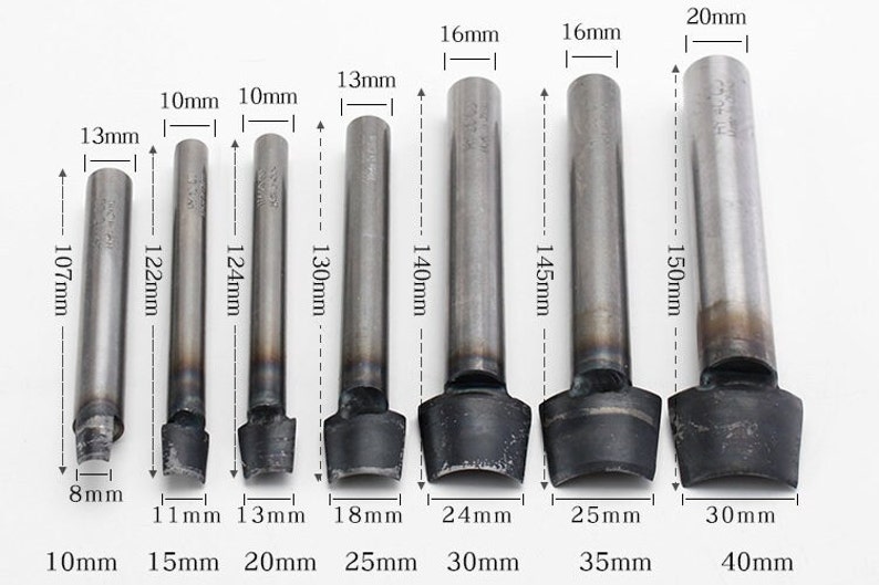 May include: Set of eight metal leather hole punches in various sizes, ranging from 10mm to 40mm. Each punch has a different length, ranging from 107mm to 150mm. The punches are arranged in order of size, with the smallest punch on the left and the largest punch on the right.