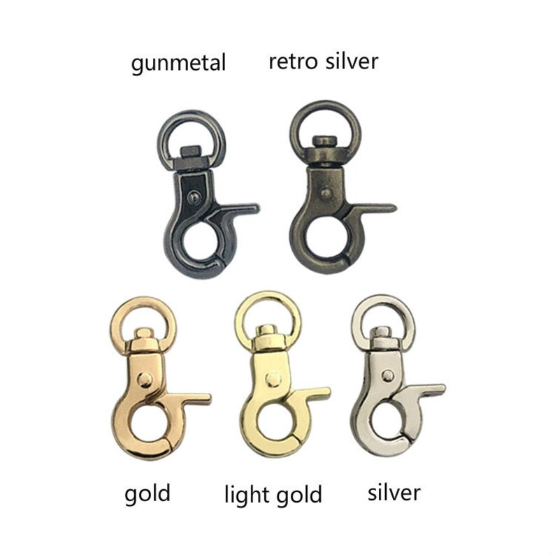May include: Six different colored metal swivel clasps, including gunmetal, retro silver, gold, light gold, and silver.