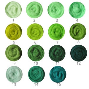 May include: Fifteen samples of green wool roving in various shades of green, from light to dark, arranged in a grid pattern. Each sample is labeled with a number from 1 to 15.