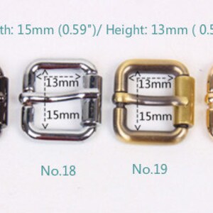 May include: Four metal belt buckles in different finishes: black nickel, silver, brass, and gold. Each buckle measures 0.59 inches wide and 0.5 inches high. The buckles are labeled No. 17, No. 18, No. 19, and No. 20.