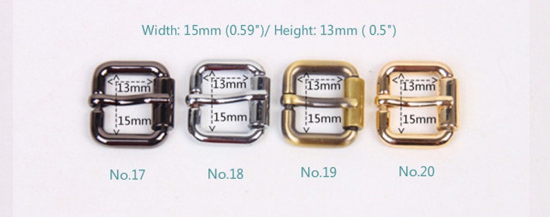 May include: Four metal belt buckles in different finishes: black nickel, silver, brass, and gold. Each buckle measures 0.59 inches wide and 0.5 inches high. The buckles are labeled No. 17, No. 18, No. 19, and No. 20.