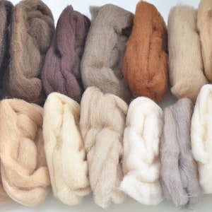 May include: A collection of 15 different shades of wool roving, ranging from dark brown to white. The wool is arranged in rows, with each row containing 3-4 pieces of roving.