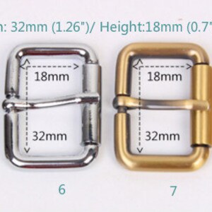 May include: Four metal belt buckles in different finishes: black, silver, gold, and rose gold. Each buckle measures 1.26 inches wide and 0.7 inches tall. The buckles are labeled with numbers 5, 6, 7, and 8.