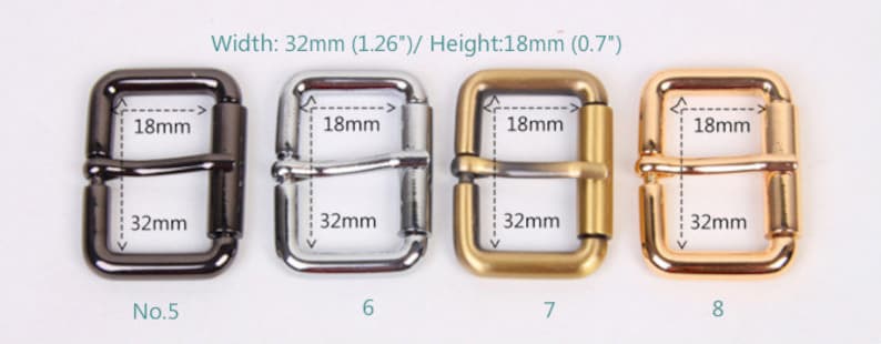 May include: Four metal belt buckles in different finishes: black, silver, gold, and rose gold. Each buckle measures 1.26 inches wide and 0.7 inches tall. The buckles are labeled with numbers 5, 6, 7, and 8.