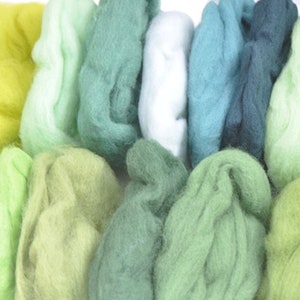 May include: A collection of green, blue, and white wool roving fibers. The fibers are arranged in a pile and are ready for felting.