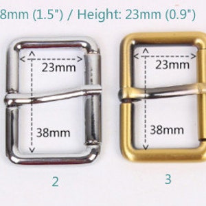 May include: Four metal belt buckles in different finishes: black, silver, gold, and brass. Each buckle measures 1.5 inches wide and 0.9 inches high.