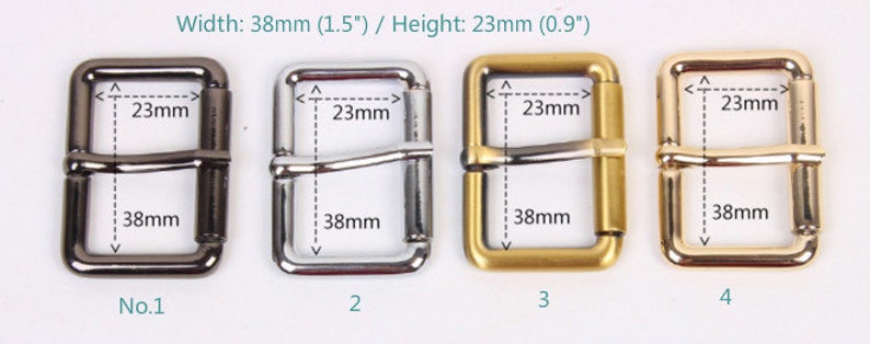 May include: Four metal belt buckles in different finishes: black, silver, gold, and brass. Each buckle measures 1.5 inches wide and 0.9 inches high.