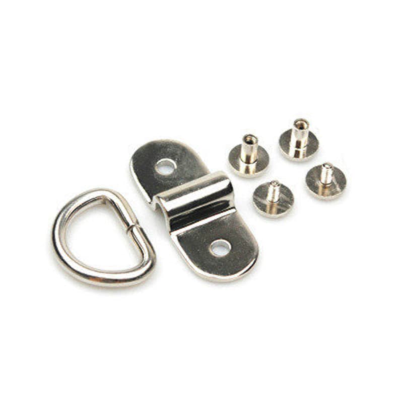 May include: Silver metal D-ring with a silver metal plate that has two holes and a slot for attaching the D-ring. Four silver metal screws are included.