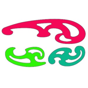 May include: Three plastic stencils for drawing, one is pink, one is green, and one is teal.