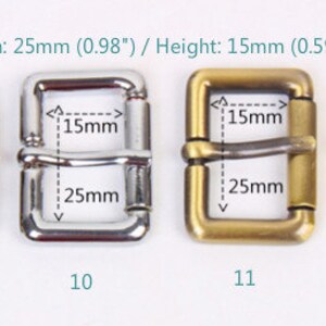 May include: Four metal belt buckle options in black, silver, gold, and brass. Each buckle measures 1.0 inches wide and 0.6 inches tall.  Width: 25mm (0.98") / Height: 15mm (0.59")