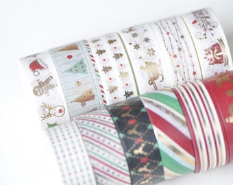 Foil Gold Christmas Washi Tape Full Set, Card Scrapbooking Tape, Gift Wrapping Tape 15mm x 5M Set of 12