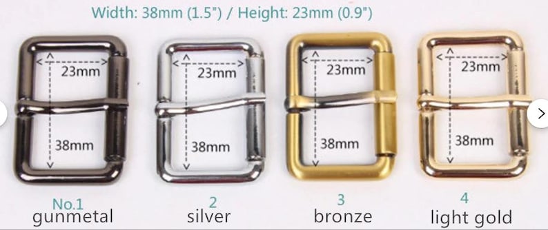 May include: Four metal belt buckles in different finishes: gunmetal, silver, bronze, and light gold. Each buckle measures 1.5 inches wide and 0.9 inches high.