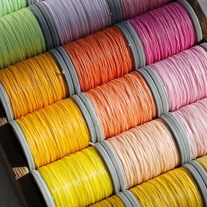 May include: A wooden tray filled with colorful spools of thread. The thread colors include shades of green, yellow, orange, pink, and purple. Each spool is neatly wound and has a gray plastic rim. The image is well-lit, showcasing the vibrant colors of the thread.