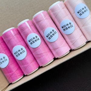 May include: A collection of six spools of pink thread in varying shades, from deep fuchsia to pale blush. Each spool has a white label with Chinese characters and numbers. The spools are arranged in a cardboard box.