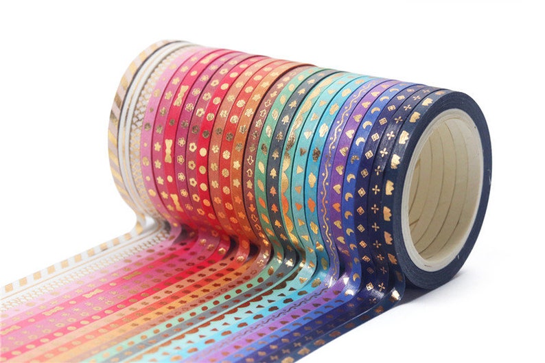 Foil Gold Rainbow Washi Tape Full Set, Card Scrapbooking Tape, Gift Wrapping Tape Skinny 3mm x 5M Ensemble de 24 No.12032 image 2