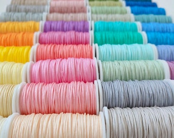 Puede incluir: Una colección de carretes de hilo de colores, dispuestos en filas, con los colores que van del rojo al amarillo, al verde, al azul y al morado. Los carretes son todos del mismo tamaño y están hechos de un material liso y brillante.