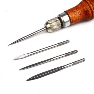 Wood Handle Awl Set/ 1 Wood Handle + 4 Different Needles