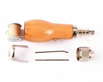 Stitching Awl Sewing Leather Wood Handle And 2 Needles Set